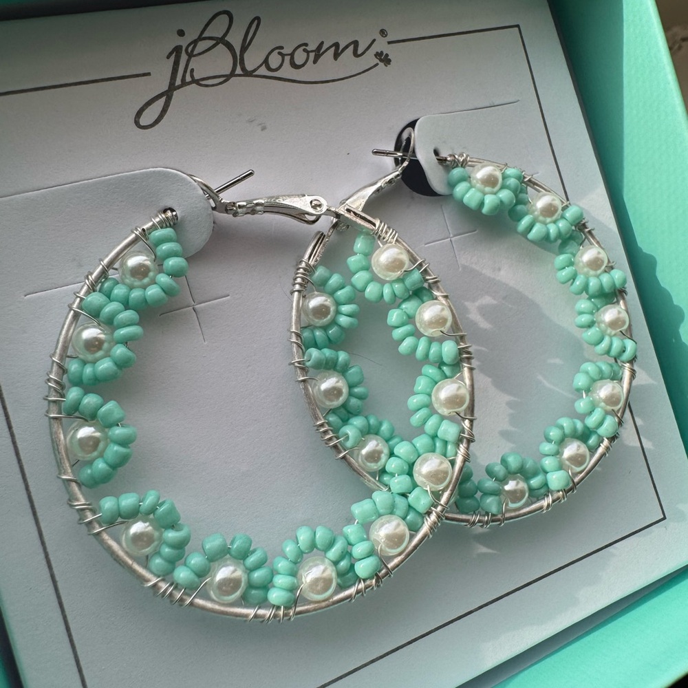 Jbloom Silver and Aqua Beaded Hoop Earrings